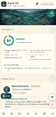 Eggz Farm Simulation: the Farm HQ screen with the farm's health score and the day's vitals