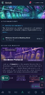 Eggz Farm Simulation: the Biolab screen with an active enhancement and the Workshop brew